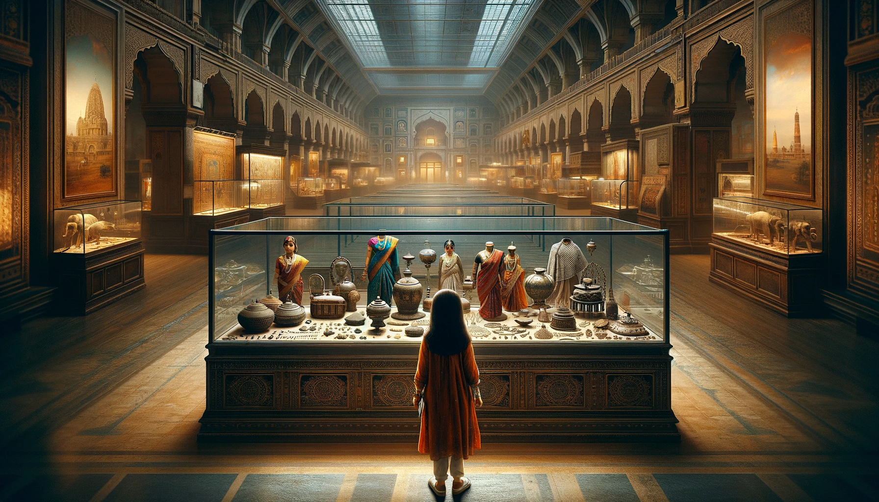 Girl standing in front of museum relics